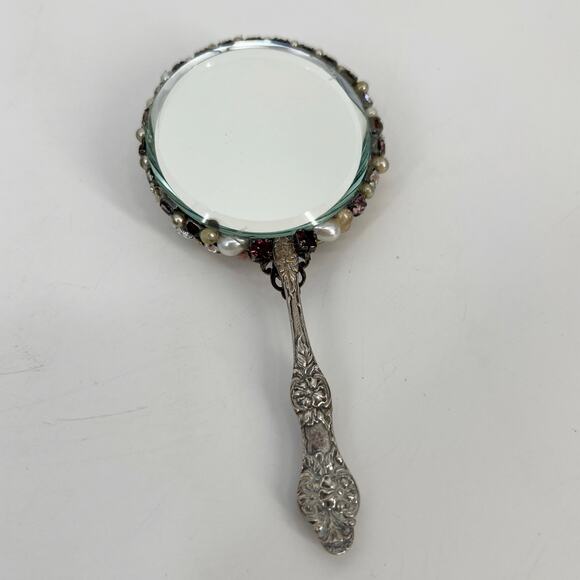 Handcrafted Bejeweled Handheld Mirror Miniature Ladies Mosaic Jewelry Beveled 5" - Picture 3 of 12